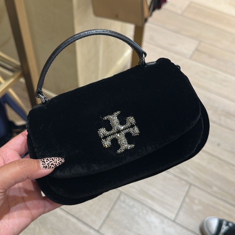 Tory Burch Black Velvet Mini Top-Handle Bag with Crystal Logo